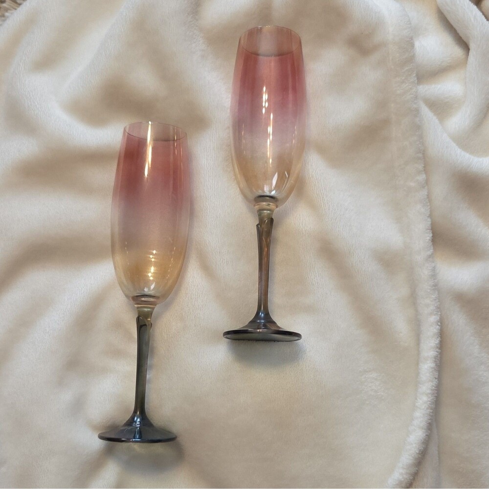 Bohemian Colony Brigitte Champagne Flutes | Pink & Gold Ombre | Green Stem 2